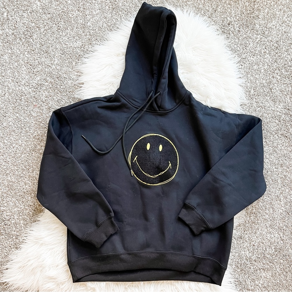 Black Chenille Smiley Face Hoodie | Size L
